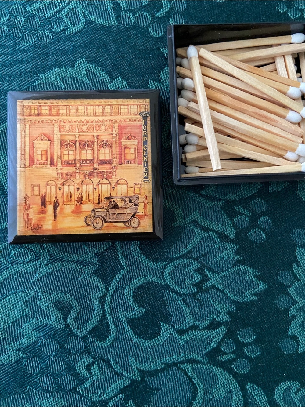 Vintage-Style Ford Center Theatre Collectible Black Wooden Matchbox with artwork